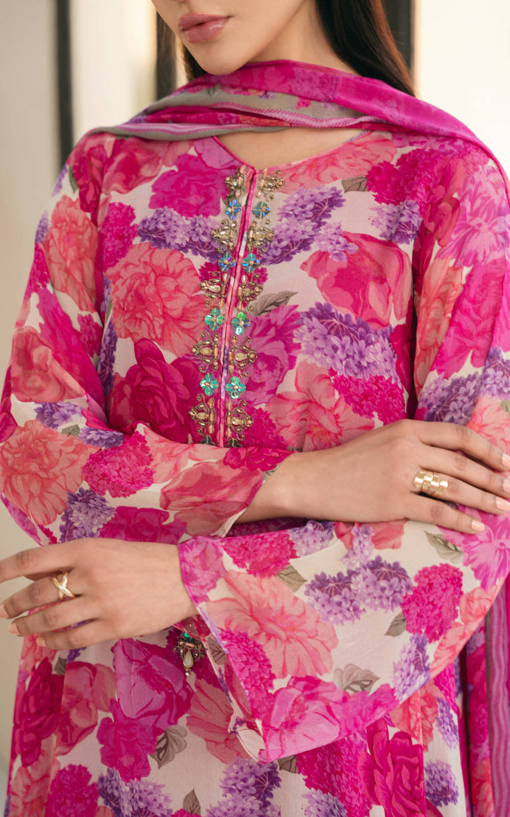 3 Piece Printed Chiffon Embroidered Suit (AS0482)