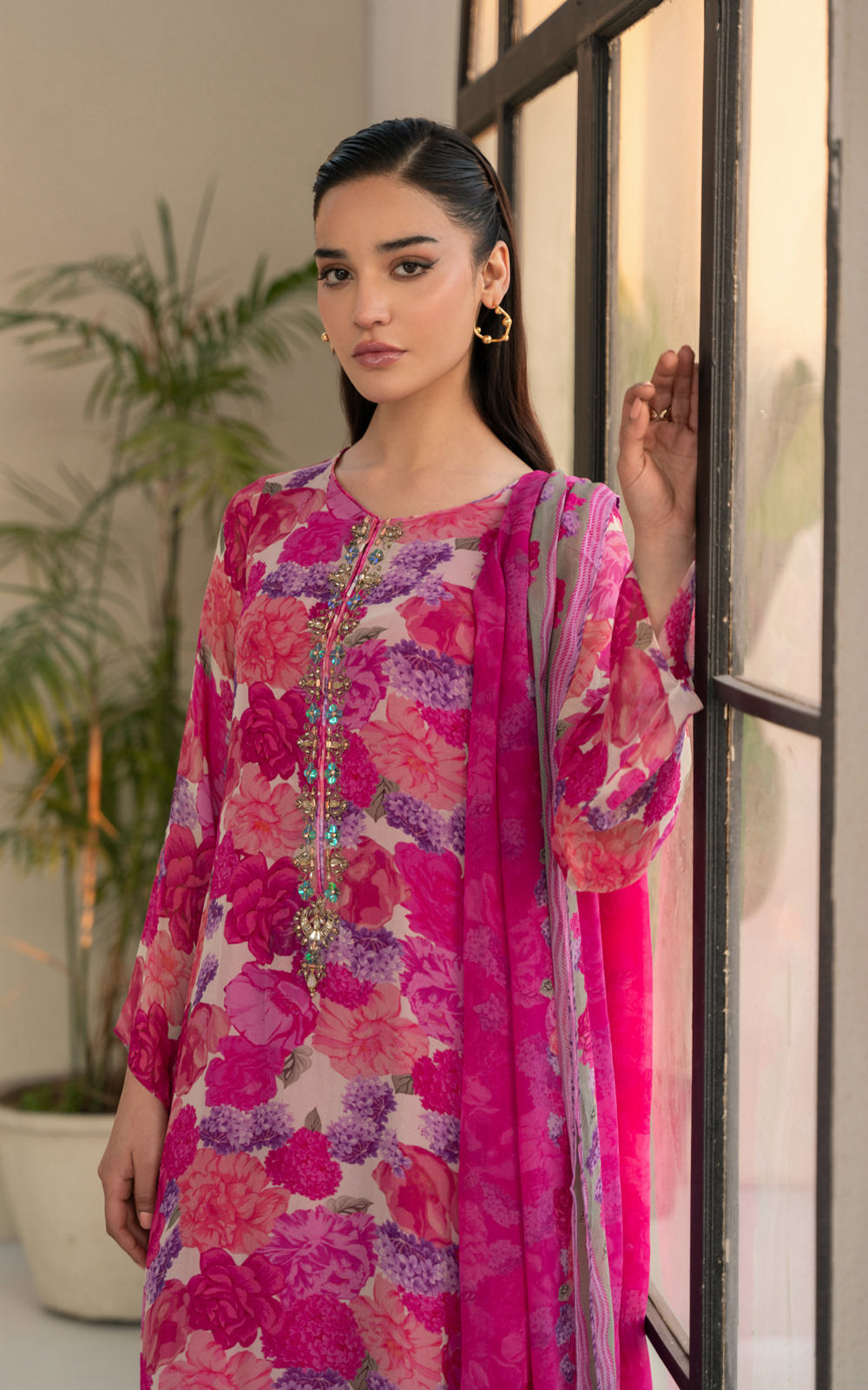 3 Piece Printed Chiffon Embroidered Suit (AS0482)