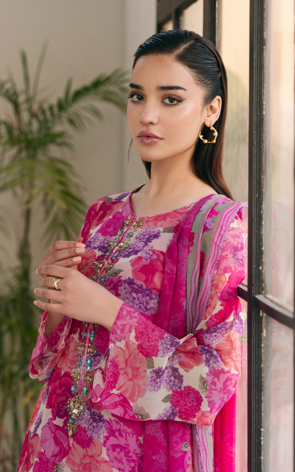 3 Piece Printed Chiffon Embroidered Suit (AS0482)