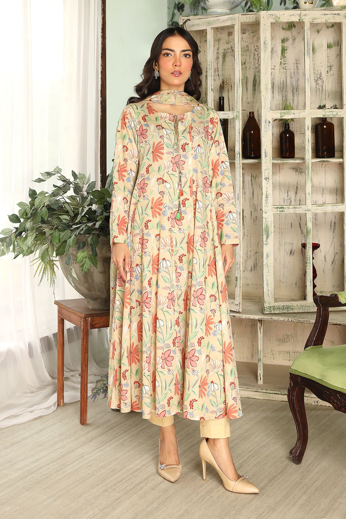 3 Piece Printed Slub Khaddar Unstitched Suit  (DU0415)