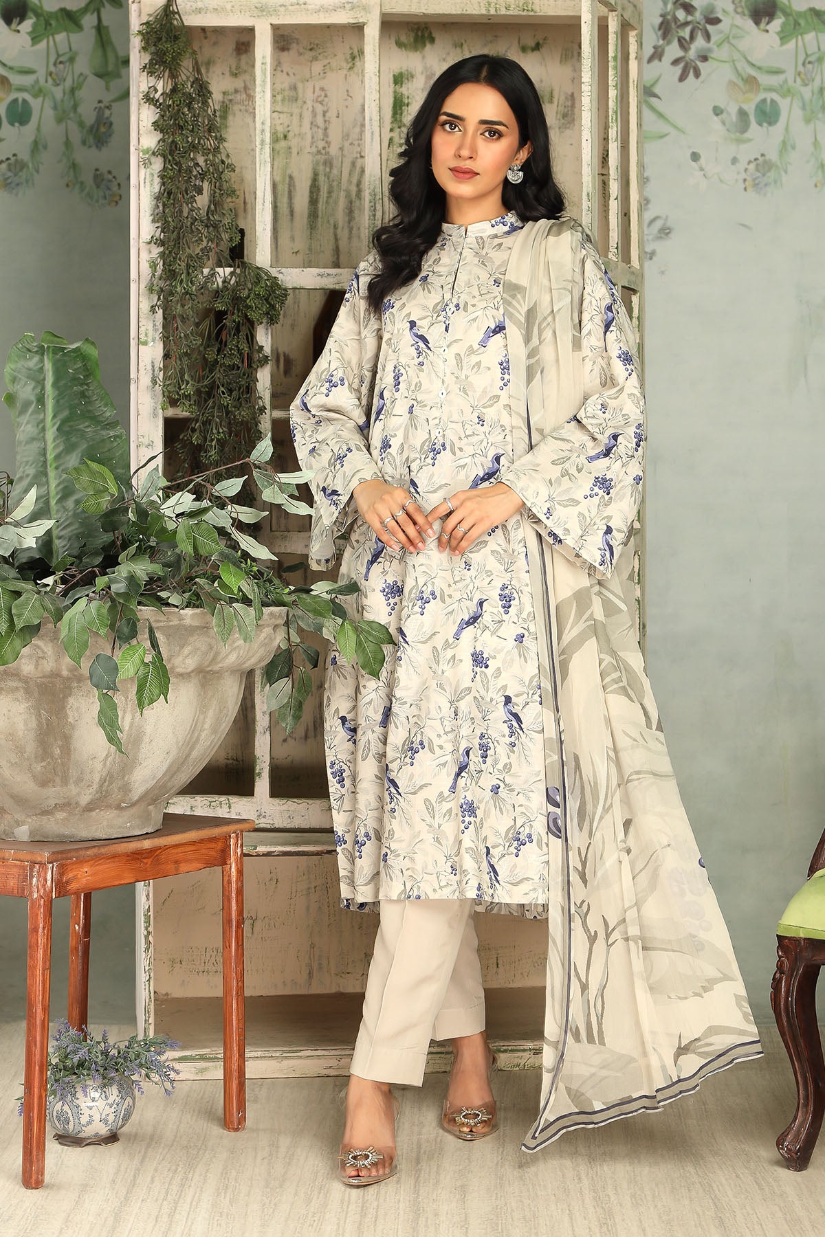 3 Piece Printed Slub Khaddar Unstitched Suit  (DU0418)