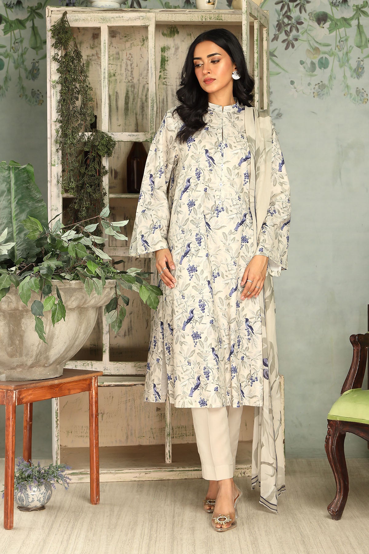 3 Piece Printed Slub Khaddar Unstitched Suit  (DU0418)