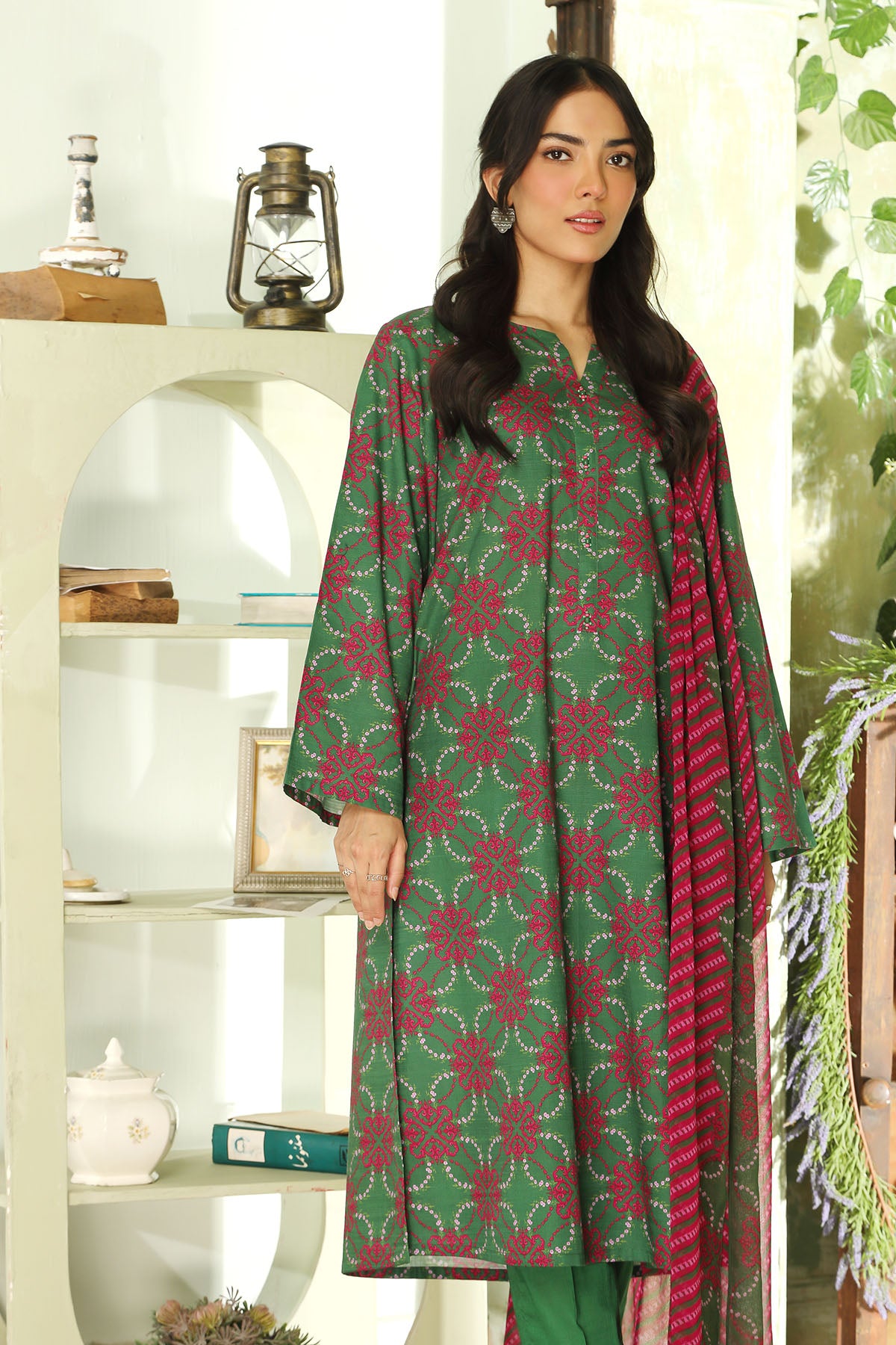 3 Piece Green Printed Suit (DU0427)