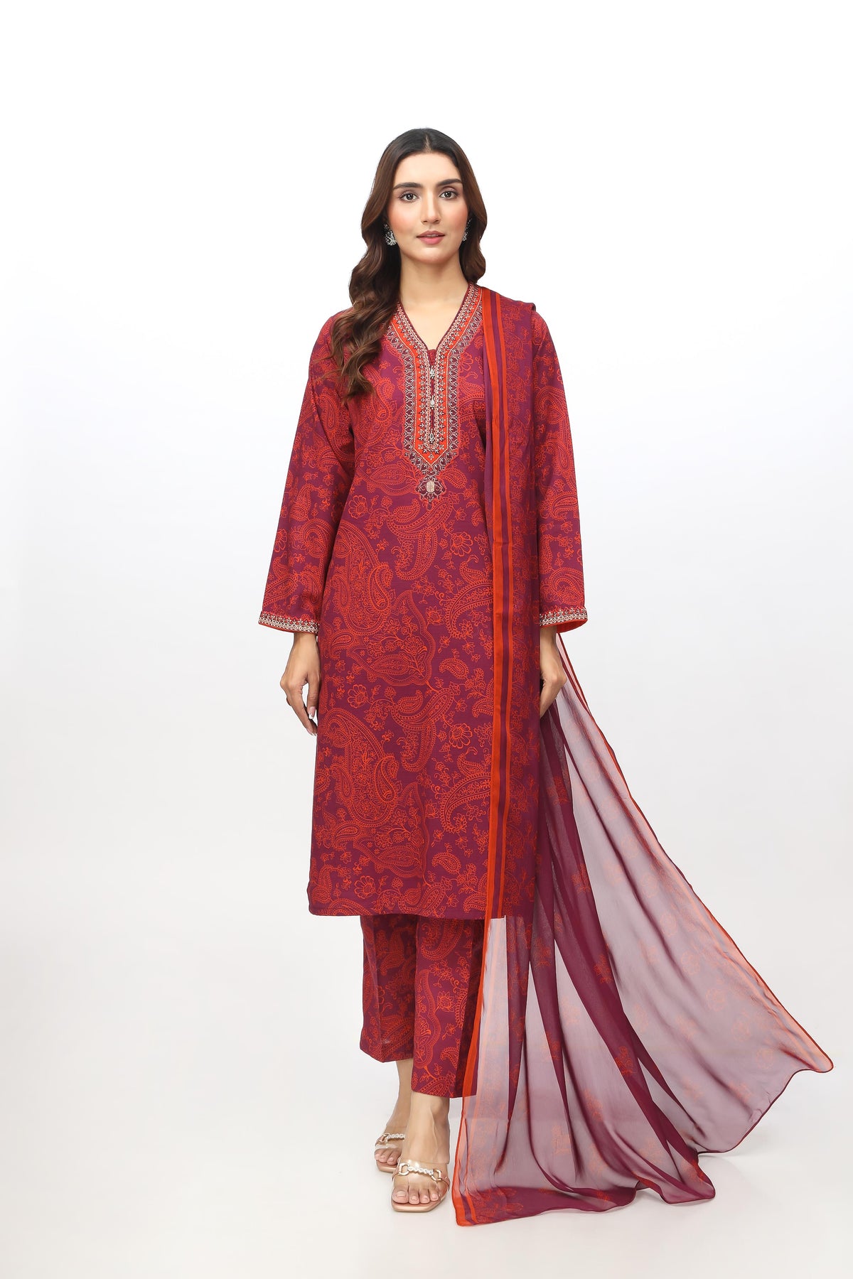 3 Piece Printed Slub Khaddar Embroidered Suit (PD1322)