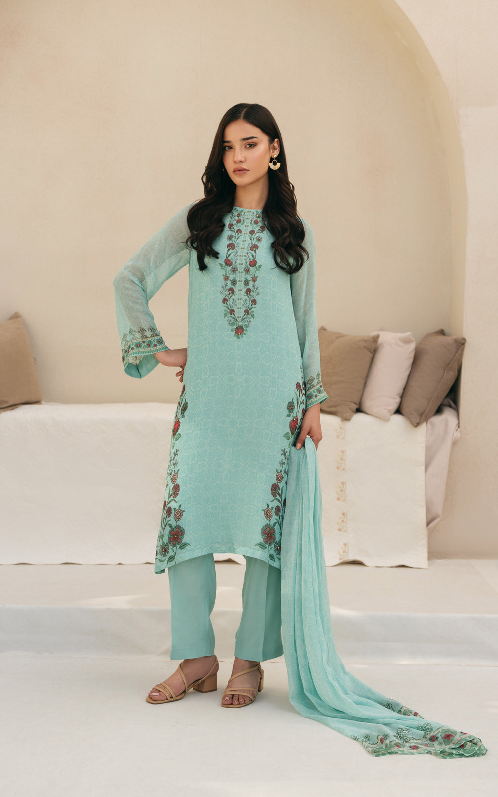 3 Piece Printed Chiffon Embroidered Suit (FS0004)