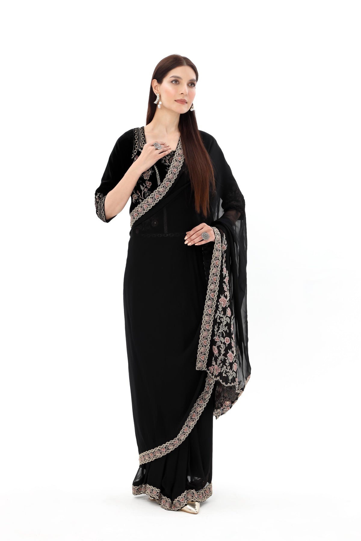 3 Piece Chiffon Embroidered Sari (AW0003)