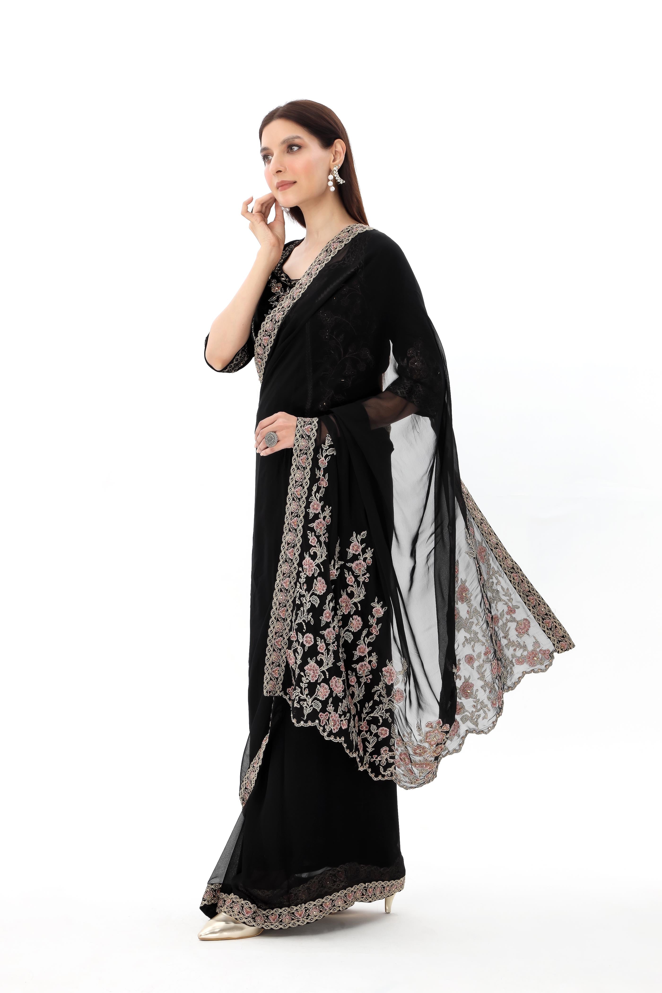 3 Piece Chiffon Embroidered Sari (AW0003)