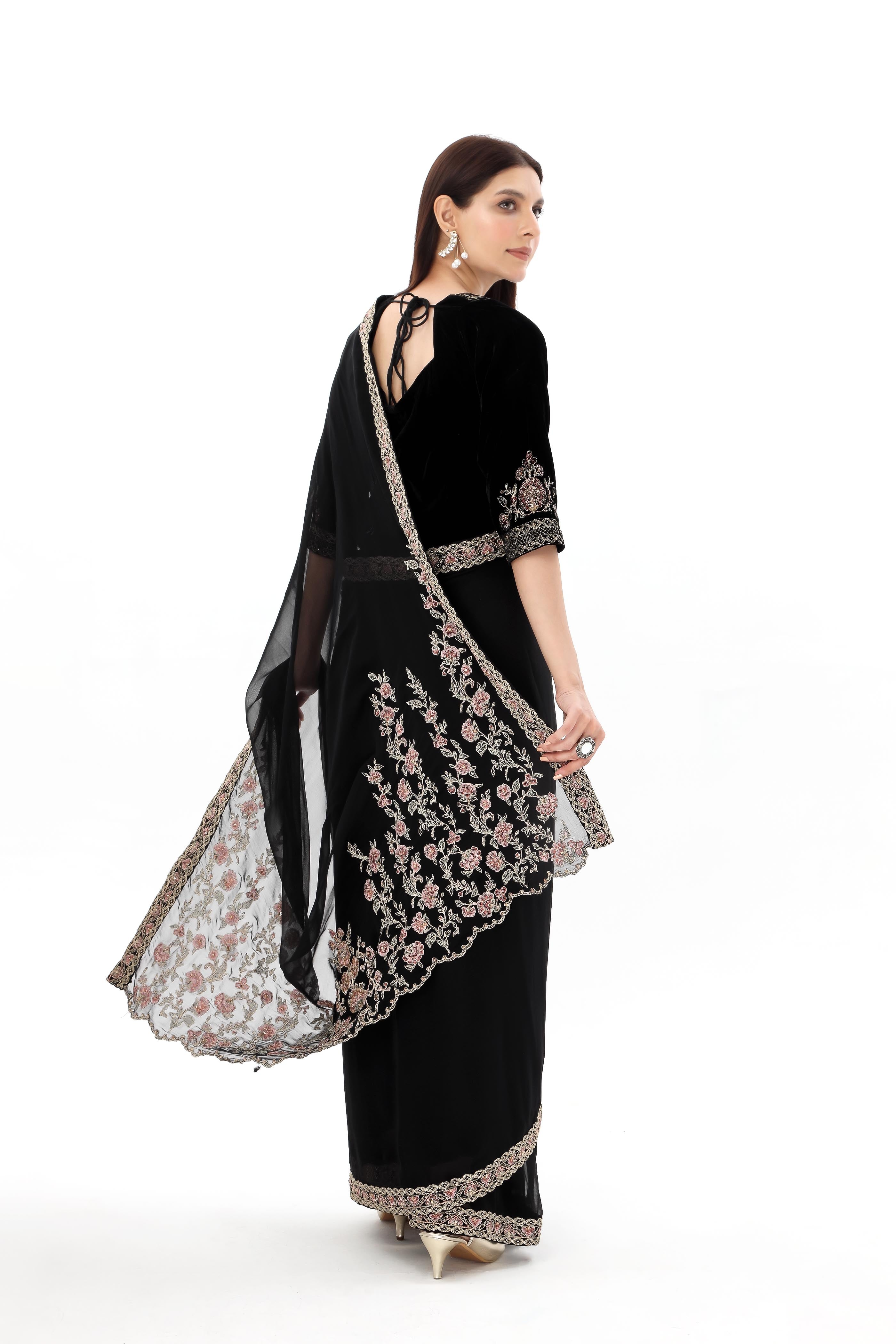 3 Piece Chiffon Embroidered Sari (AW0003)