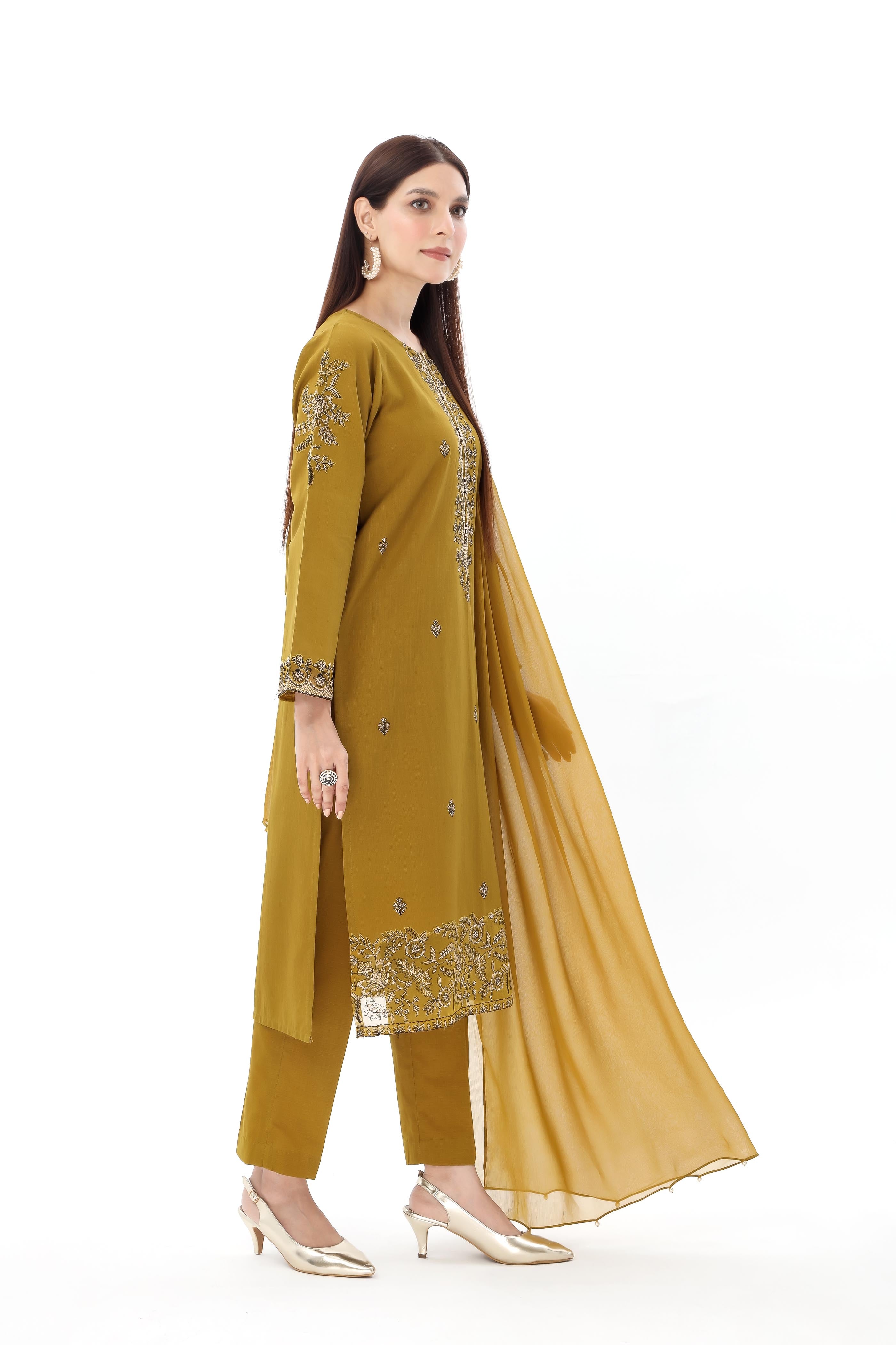 3 Piece Slub Khaddar Embroidered Suit (BA0104)