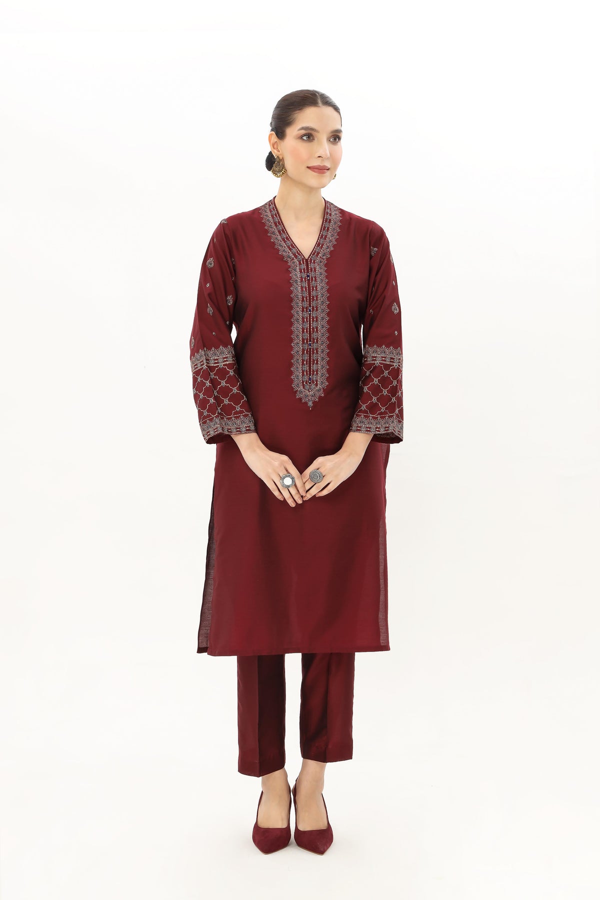 2 Piece Cotton Silk Staple Embroidered Suit (BA0125)