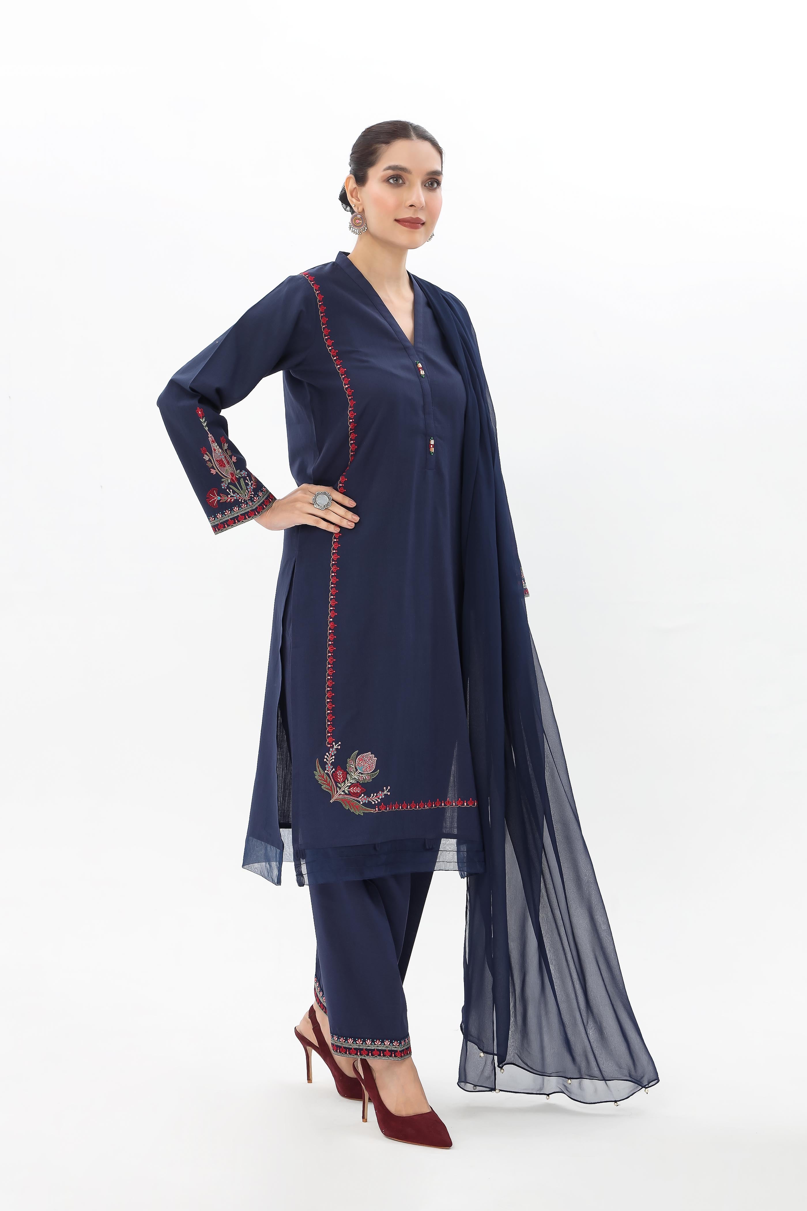 3 Piece Slub Khaddar Embroidered Suit (BA0130)