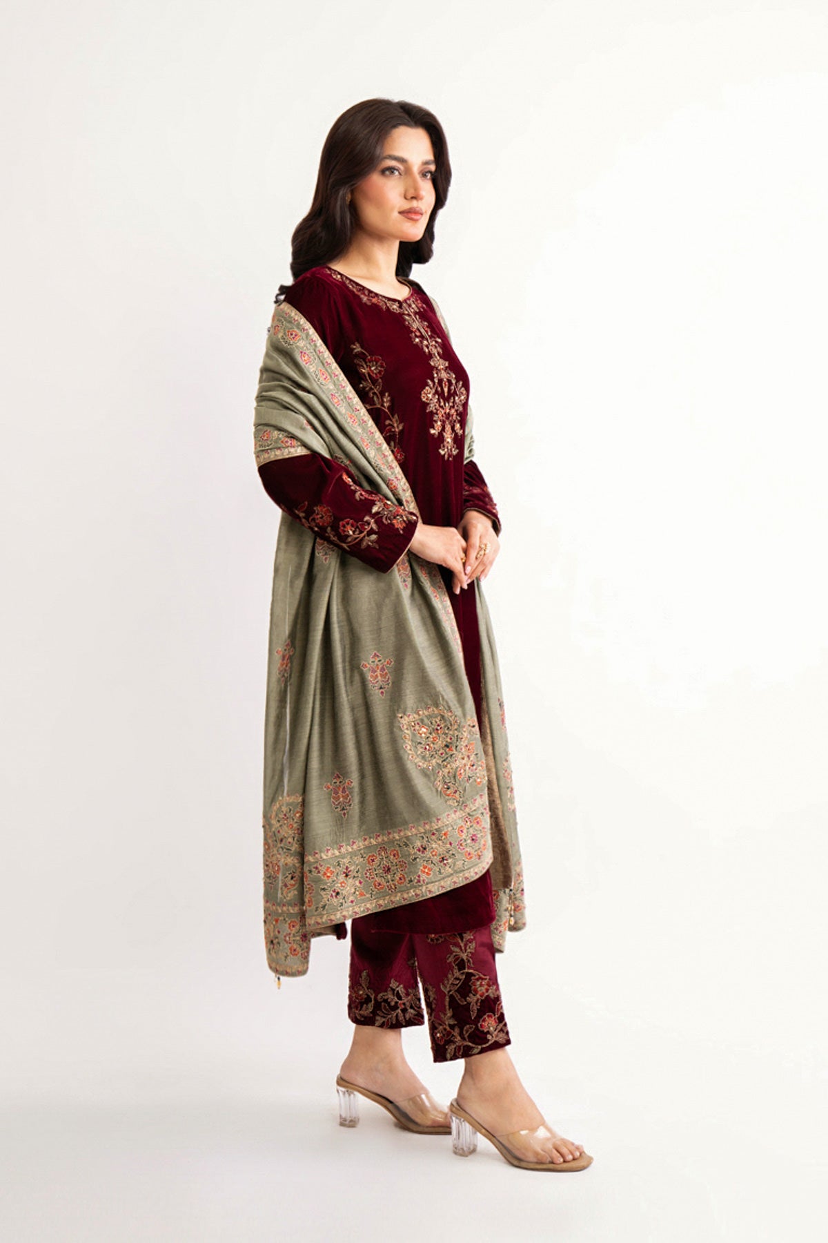 1 Piece Pistacio Green Embroidered Shawl (AA5454)