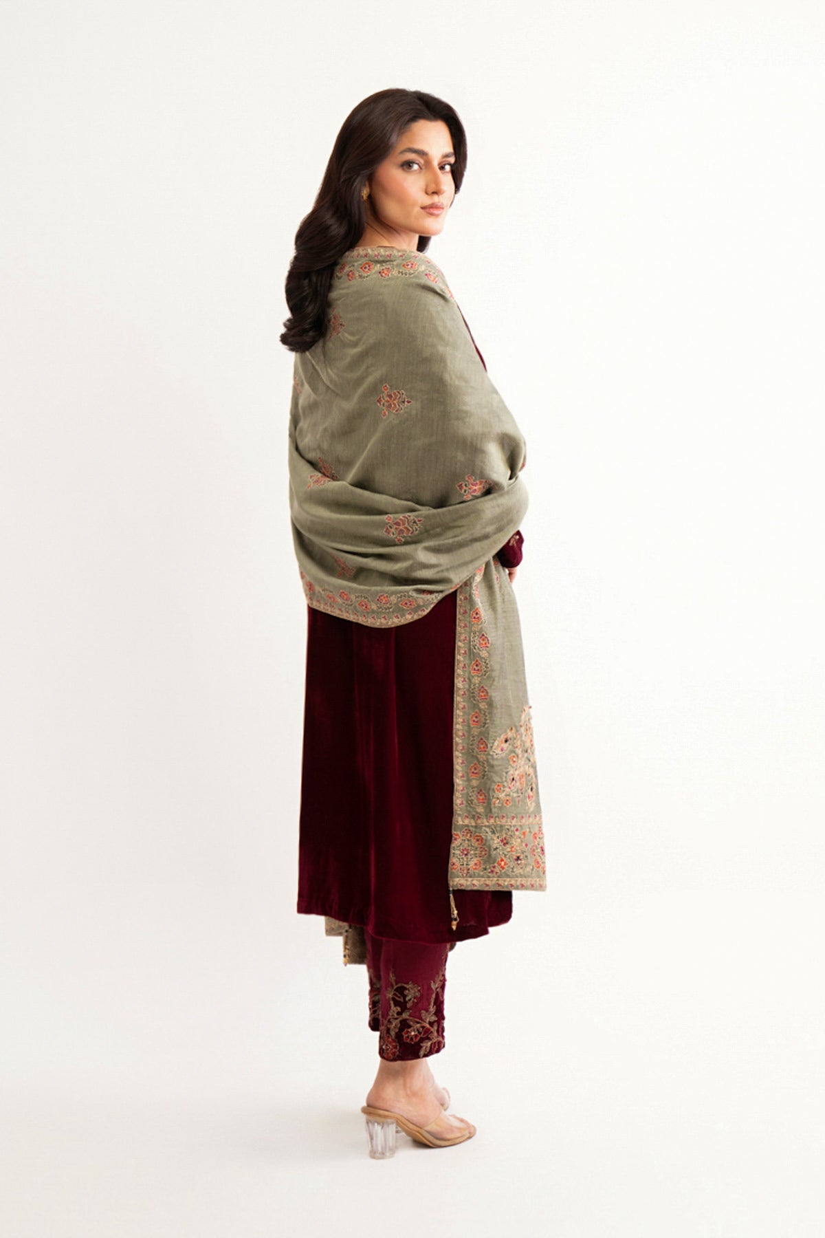 1 Piece Pistacio Green Embroidered Shawl (AA5454)