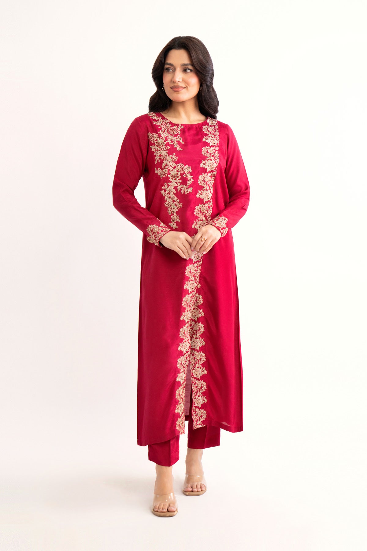 2 Piece Red Embroidered Suit (AS0476)