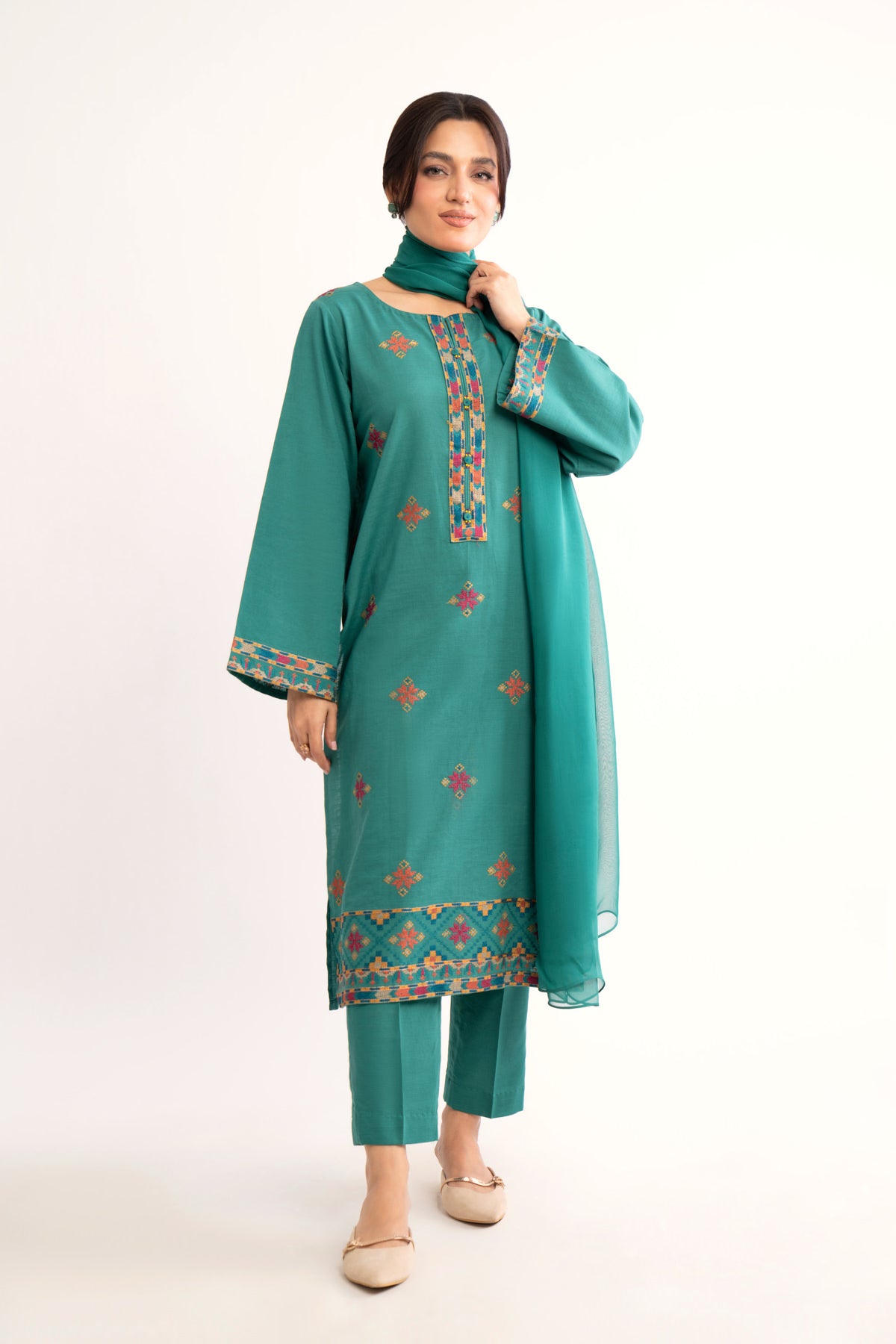 3 Piece Green Embroidered Suit (BA0136)