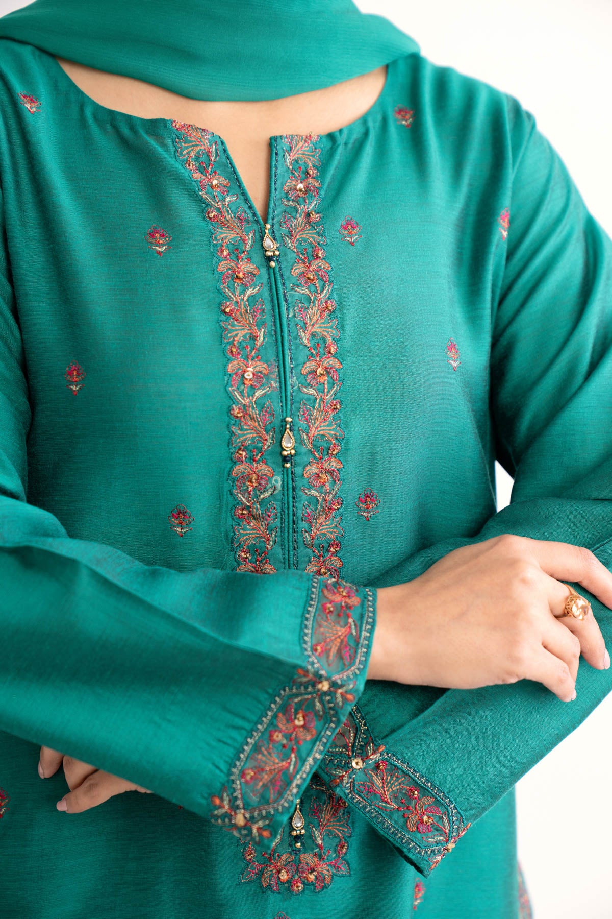 3 Piece Sea Green Embroidered Suit (BA0142)