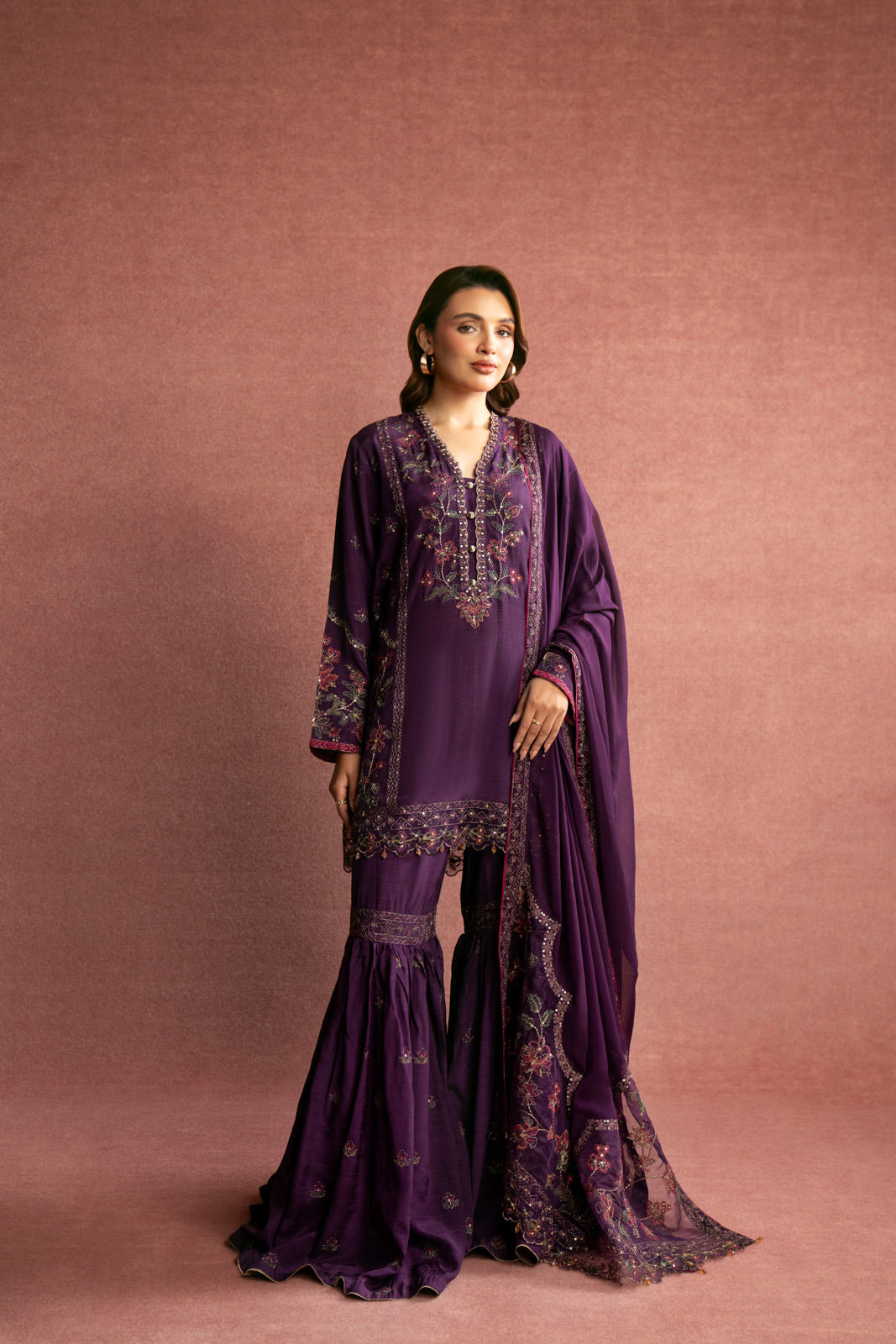 3 Piece Purple Embroidered Suit (AW0013)