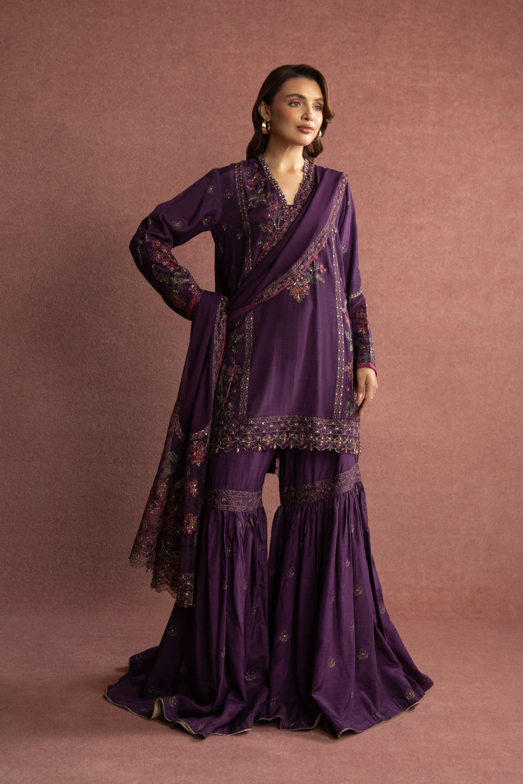 3 Piece Purple Embroidered Suit (AW0013)