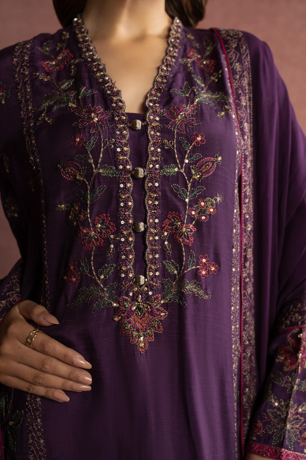 3 Piece Purple Embroidered Suit (AW0013)