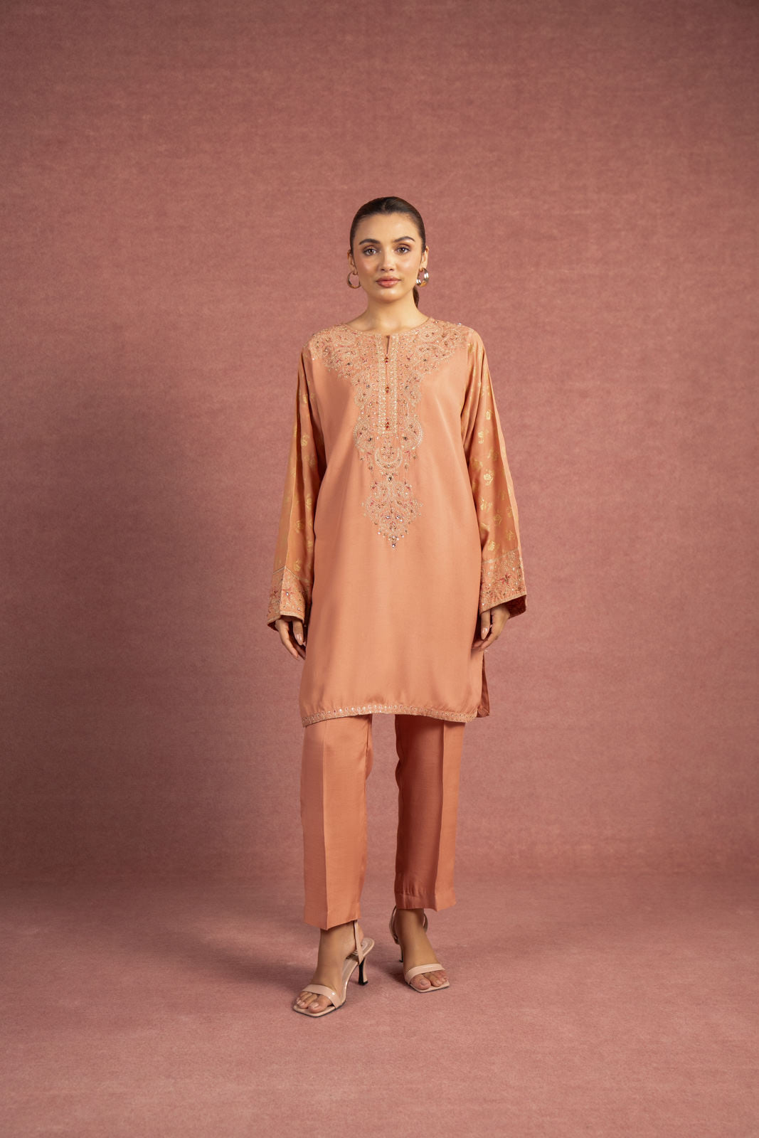 2 Piece Peach Embroidered Suit (AS0478)