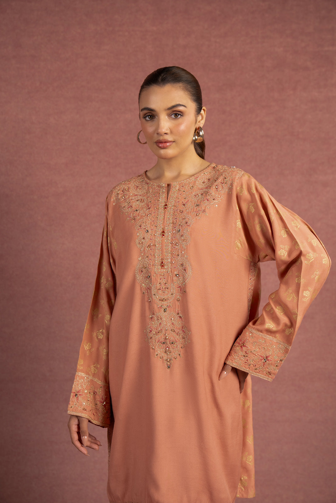 2 Piece Peach Embroidered Suit (AS0478)