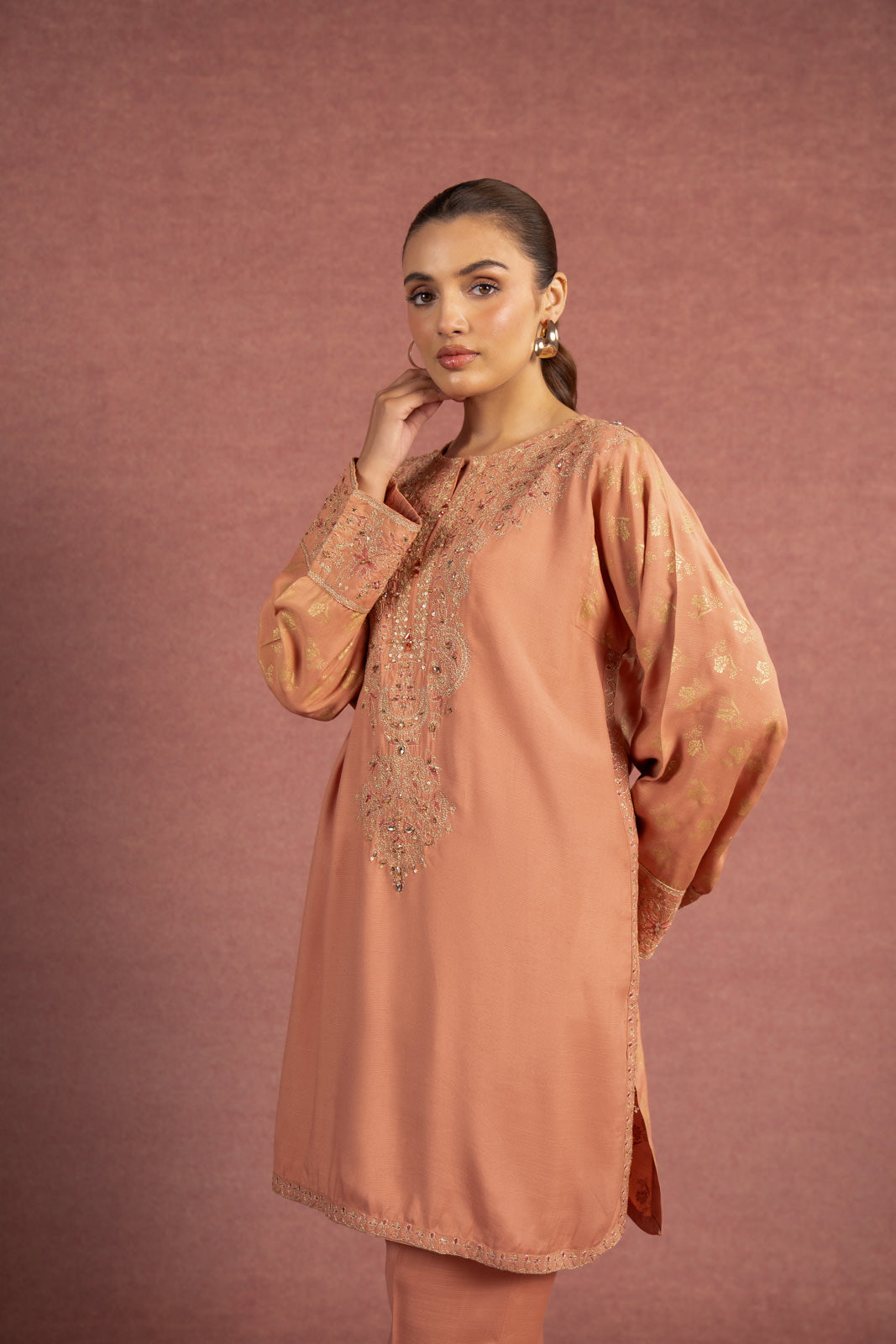 2 Piece Peach Embroidered Suit (AS0478)