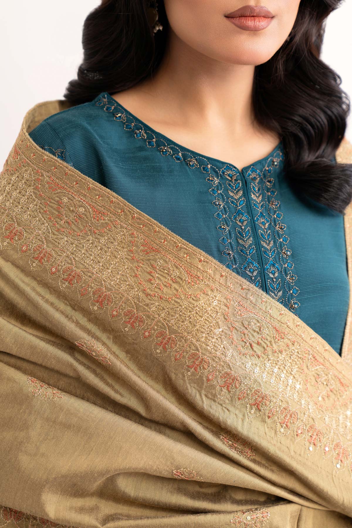 1 Piece Golden Beige Embroidered Shawl (AA5452)