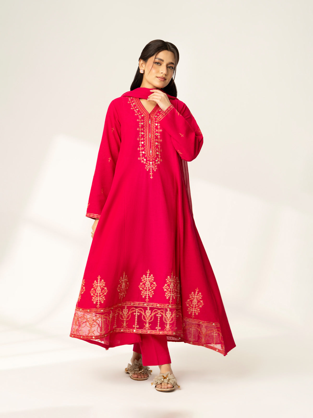 3 Piece Shockingpink Embroidered Suit (BA0133)