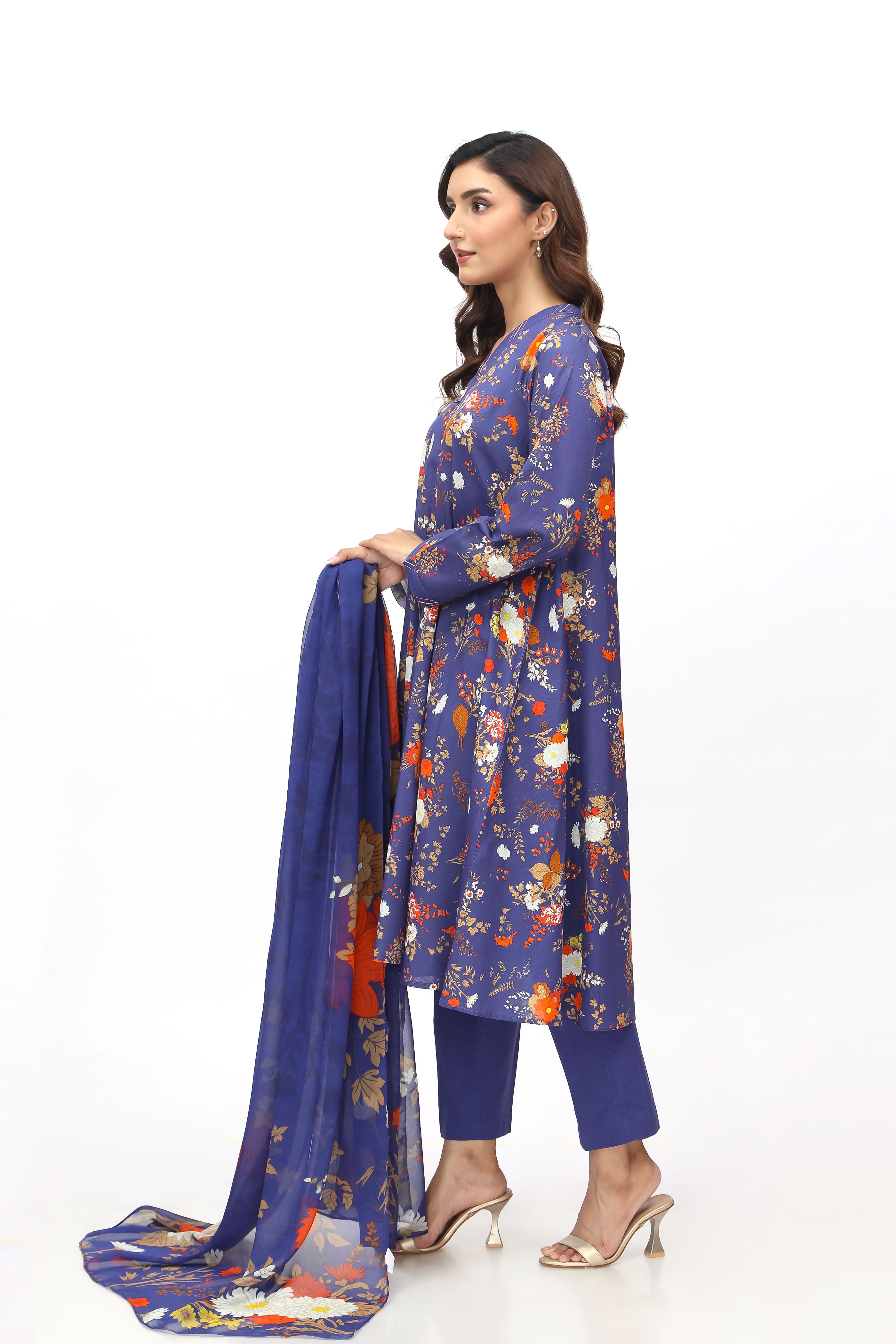 3 Piece Printed Slub Khaddar Printed Suit (PD1307)