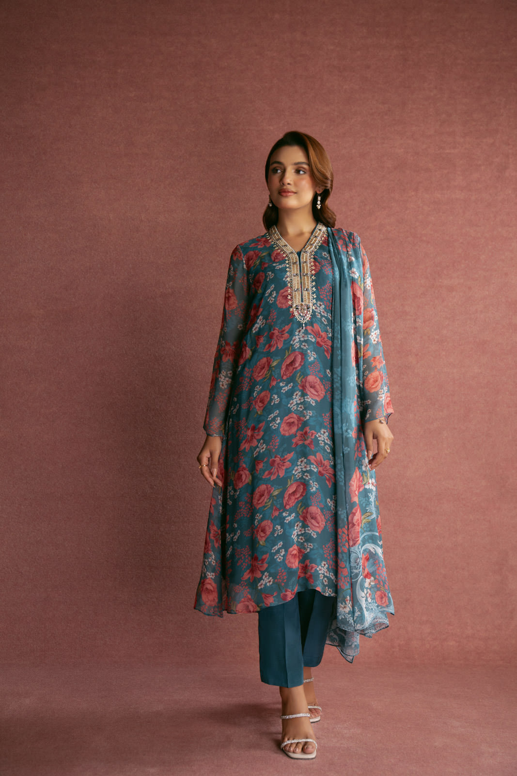 3 Piece Printed Chiffon Embroidered Suit (FS0009)