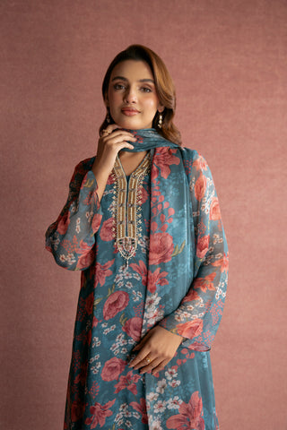 3 Piece Printed Chiffon Embroidered Suit (FS0009)