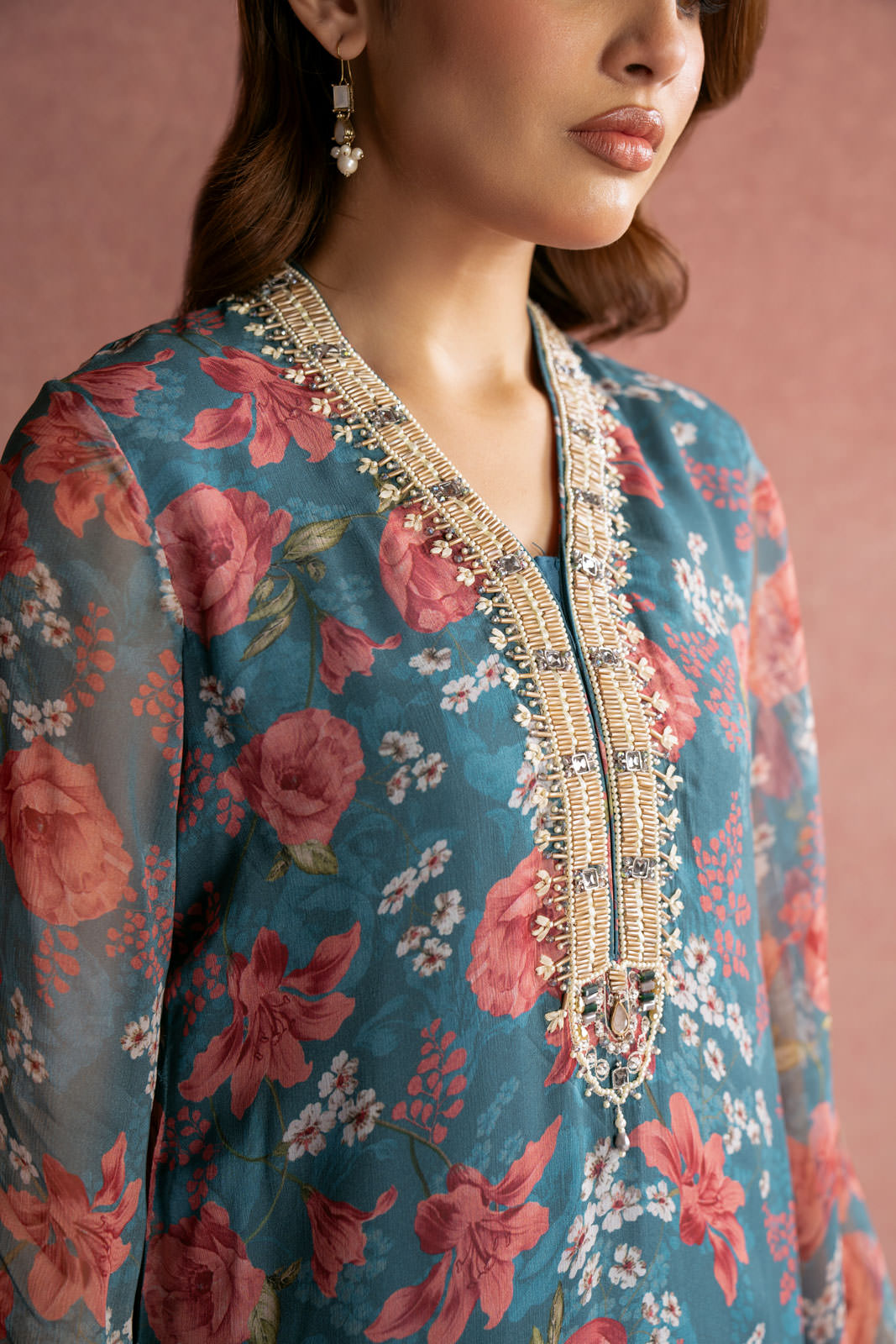 3 Piece Printed Chiffon Embroidered Suit (FS0009)